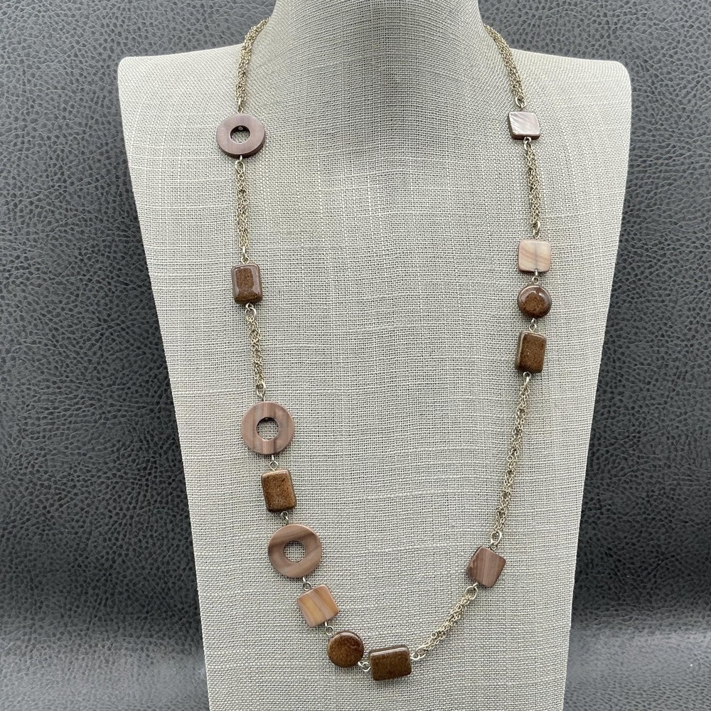 Ellen Tracy Brown Resin Bead Station Necklace Gold Tone Womens 24 In Jewelry